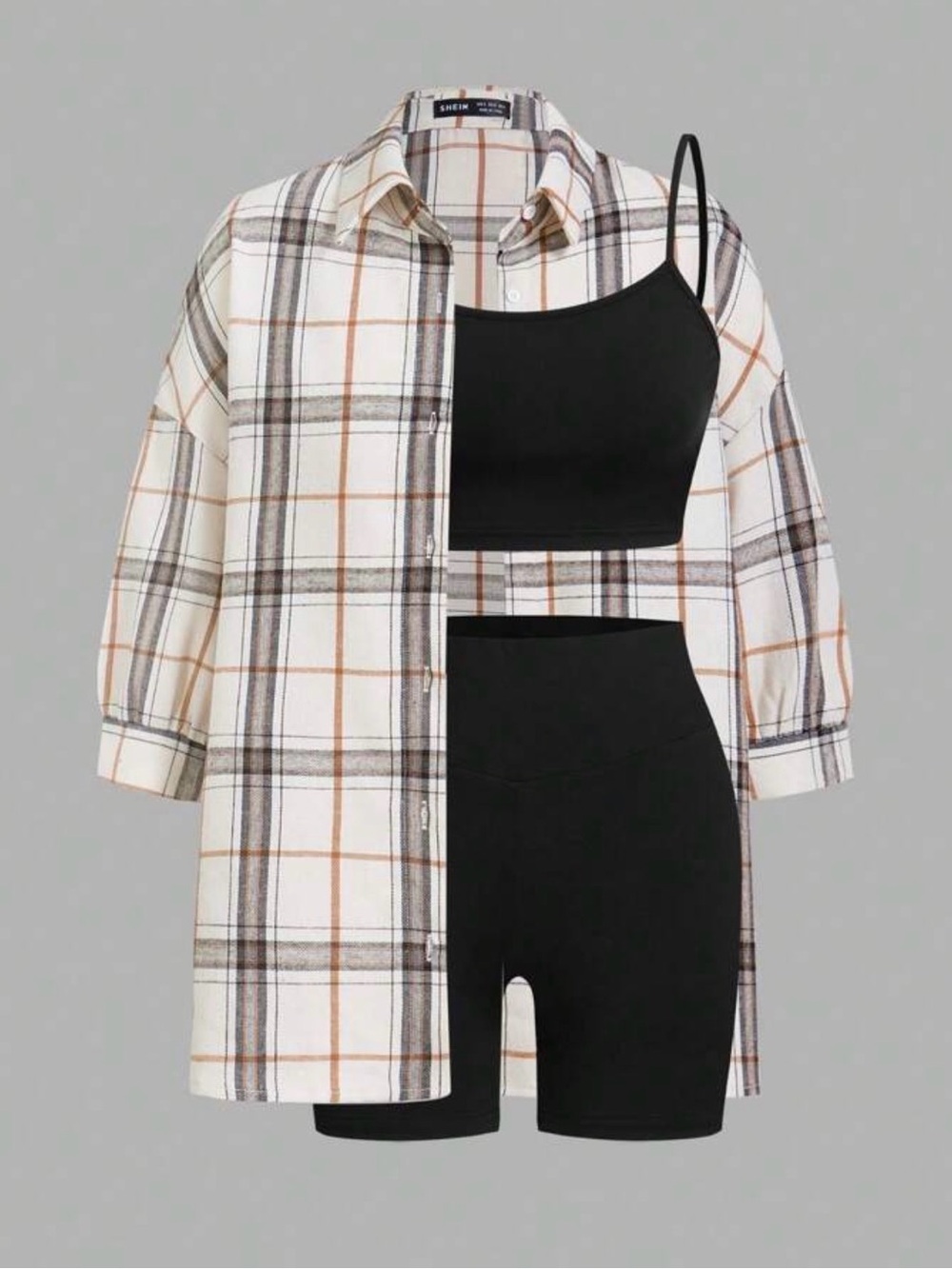 Black Two-Piece Active Set with White Plaid Shacket